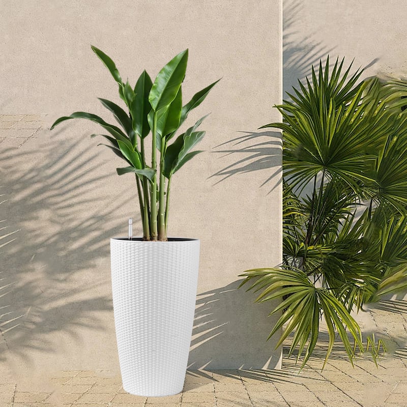 Faux Rattan Tall Planters Set of 2, Large Planters with Water Level Monitor Inner Bucket