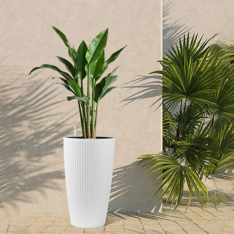 Set of 2 Faux Rattan Tall Planters Outdoor Indoor Large Planters with Water Level Monitor Inner Bucket,Automatic Watering