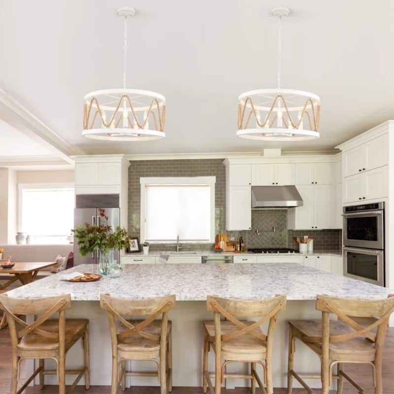 Modern 5-Light Hand-Woven Hemp Rope Drum Chandelier for Dining Room, Classic Semi Flush Mount Chandelier - W19.68"x H9.44"