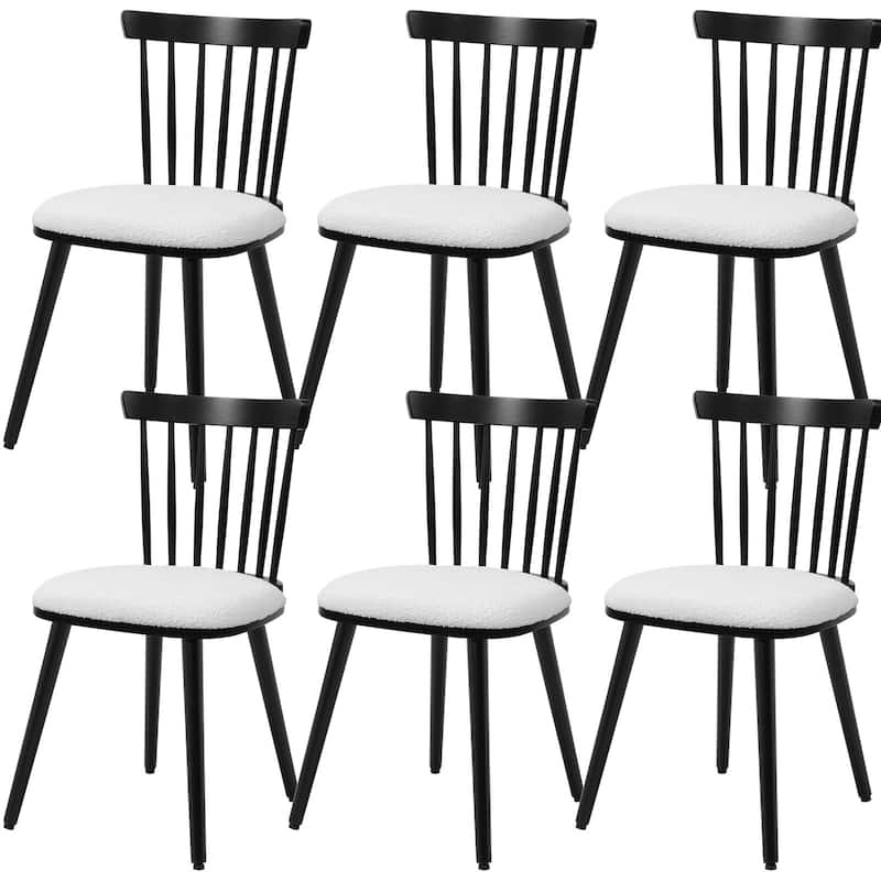 Farmhouse Spindle-Back Windsor Dining Chairs with Solid Wood - Set of 6 - Black+White Cushion