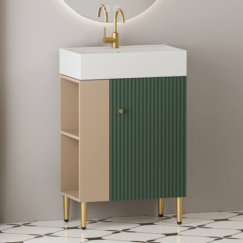 GDFStudio - Oliver 21.6" Open-Shelving Bathroom Vanity with Soft-Closing Door & Ceramic Sink - Green - Left