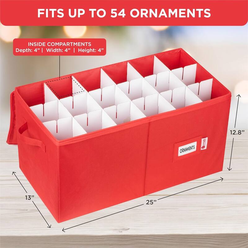 Xmas Ornament Storage Container with Dividers Fits Up to 54 - 4" Ornaments, Durable 600D, Red