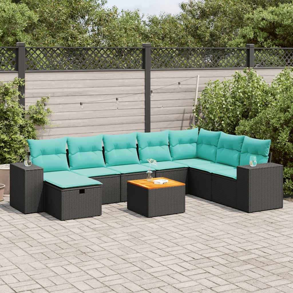 vidaXL 9 Piece Patio Sofa Set with Cushions Black Poly Rattan - 21.7 x 24.4 x 27.2