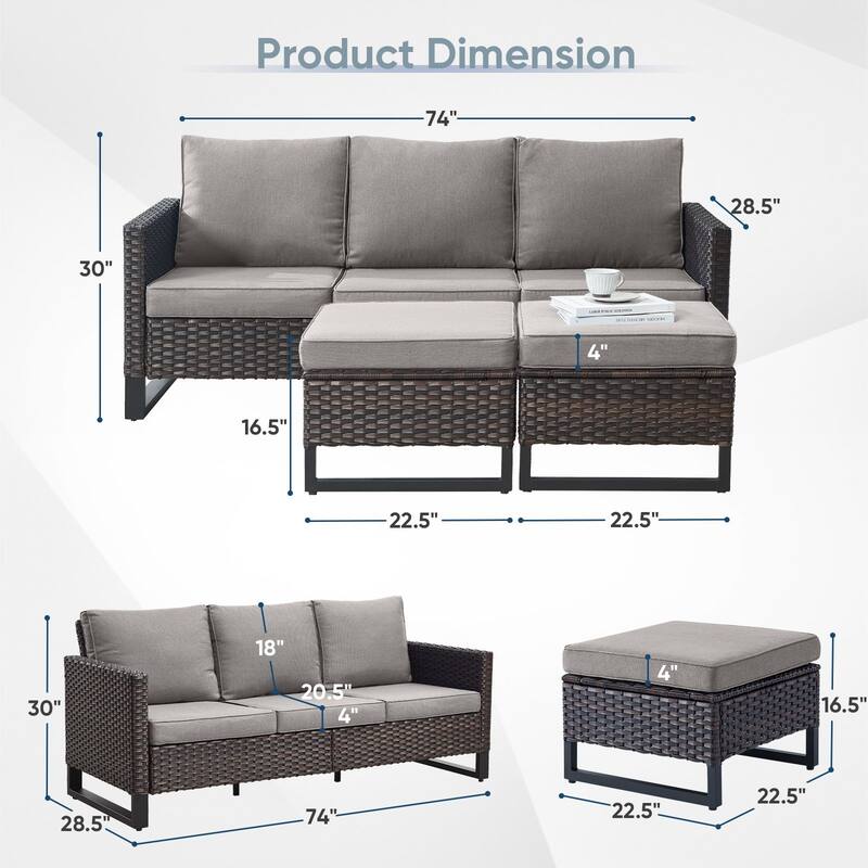 3 Pieces Outdoor Wicker Sofa with Ottomans Brown - Grey