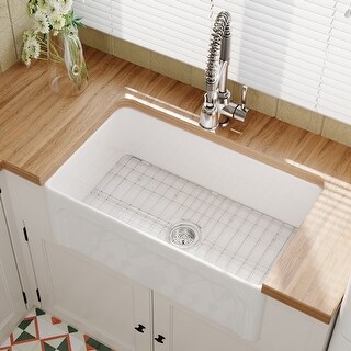 30 Inch White Fireclay Farmhouse Single Bowl Kitchen Sink – 30x20x8 Inch, Heavy Duty With Grid