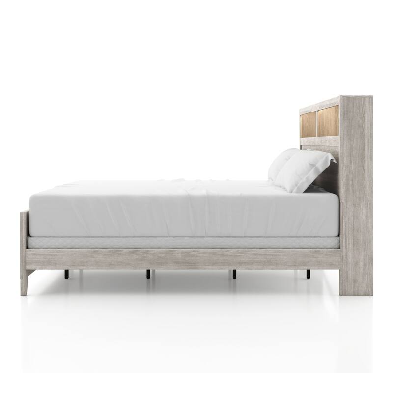 Furniture of America Holland Washed White Panel Bed with Headboard Shelves and Touch Light