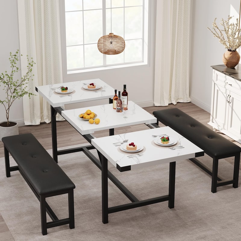 Dining Table Set for 4-6, 63" Extendable Wood Dining Room Table with Corner Protector & 2 Upholstered Benches