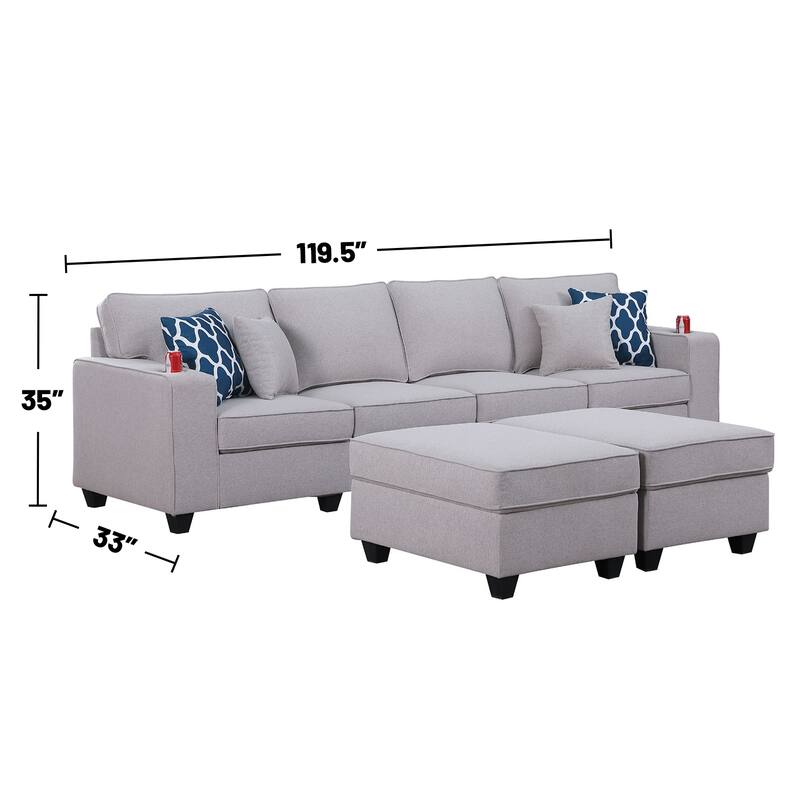Linen Upholstered 4-Seater Sofa with 2 Ottomans in in Light Gray