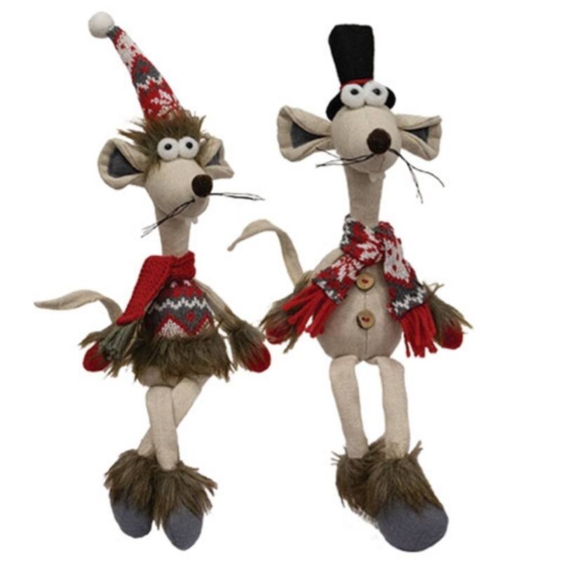17” Festive Christmas Mice Figurines with Dangling Legs for Holiday Shelf Decor 2 Asstd. - 4.25”L x 2.50”W x 17”H