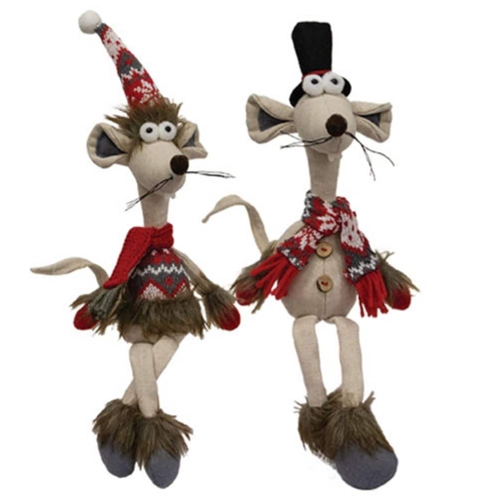 17” Festive Christmas Mice Figurines with Dangling Legs for Holiday Shelf Decor 2 Asstd. - 4.25”L x 2.50”W x 17”H
