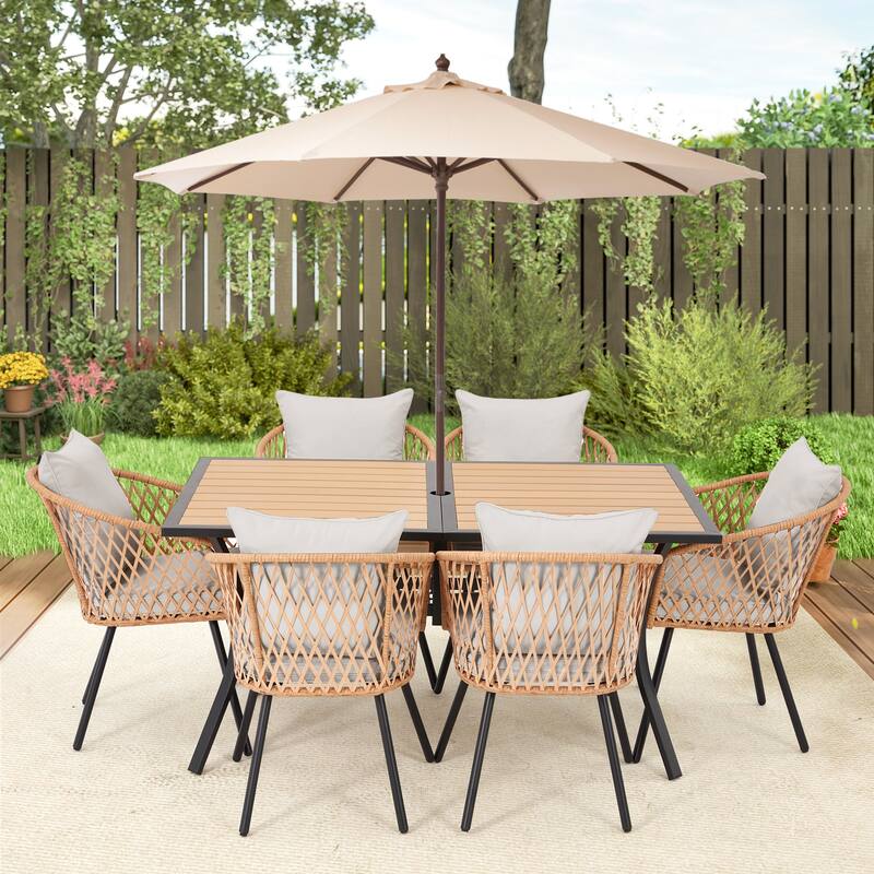 EROMMY 7 Piece Outdoor Dining Set with Umbrella Hole, Patio Table and 6 Rattan Chairs with Cushions, Weather-Resistant Furniture