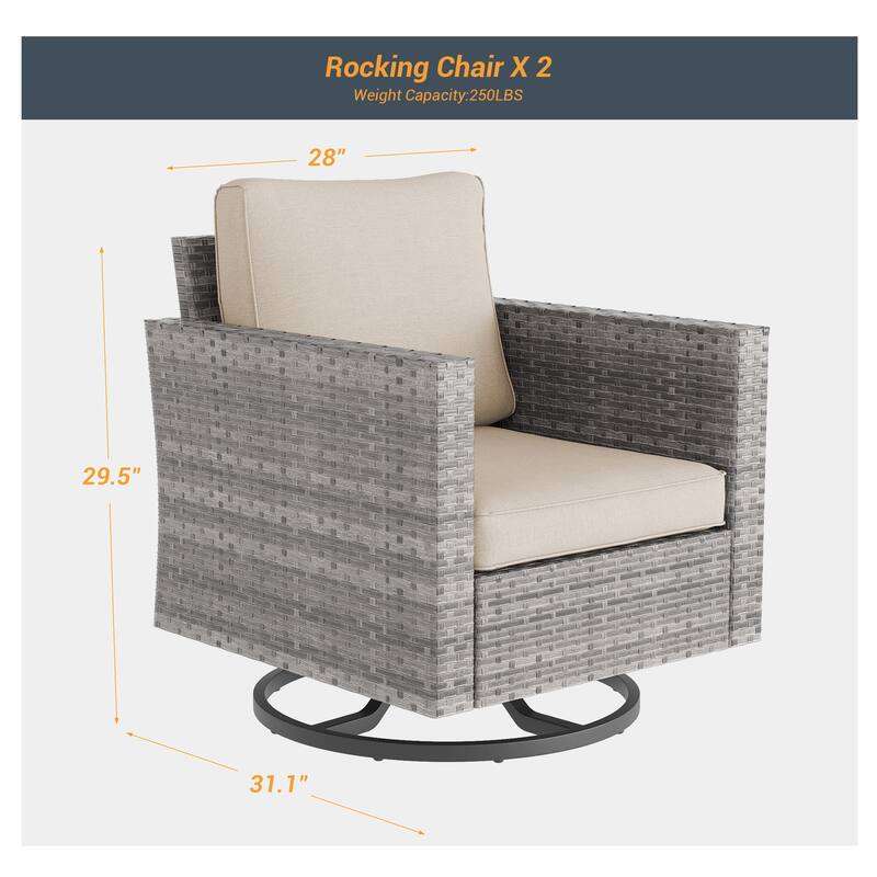 Livoosun Patio Outdoor Furniture Gray Rattan Swiveling Rocker Chairs Set With Thick Cushions