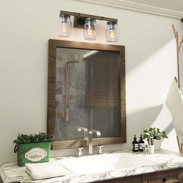 slide 2 of 7, Farmhouse 3-light Faux Wood Bathroom Vanity Lighting Glass Wall Sconce - W21"xH9"xE6"