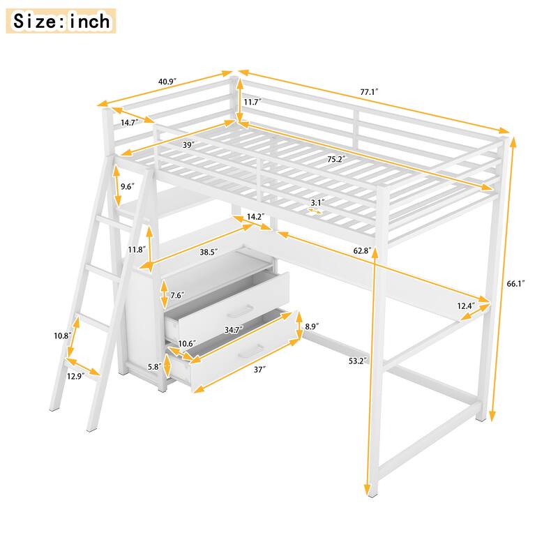 Twin Size Metal&Wood Loft Bed with Desk and Shelves, Two Built-in Drawers, Black - N/A