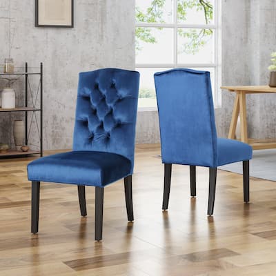 Velvet Tufted Back Dining Chairs, Navy Blue Visitor Chair for Living Room, Dining Room Crown-shaped Top Dining Chairs, Set of 2