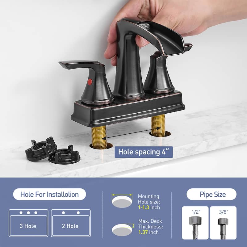 4 in. Centerset Double Handle Waterfall Bathroom Faucet with Pop-up Drain Kit Sink Vanity Basin Taps - oil-rubbed bronze