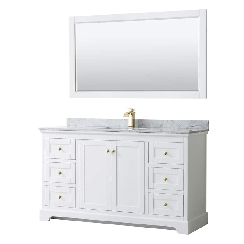 Avery 60-inch Single Vanity, Marble Top, Square Sink, 58-inch Mirror - White, Gold Trim, White Carrara Marble Top