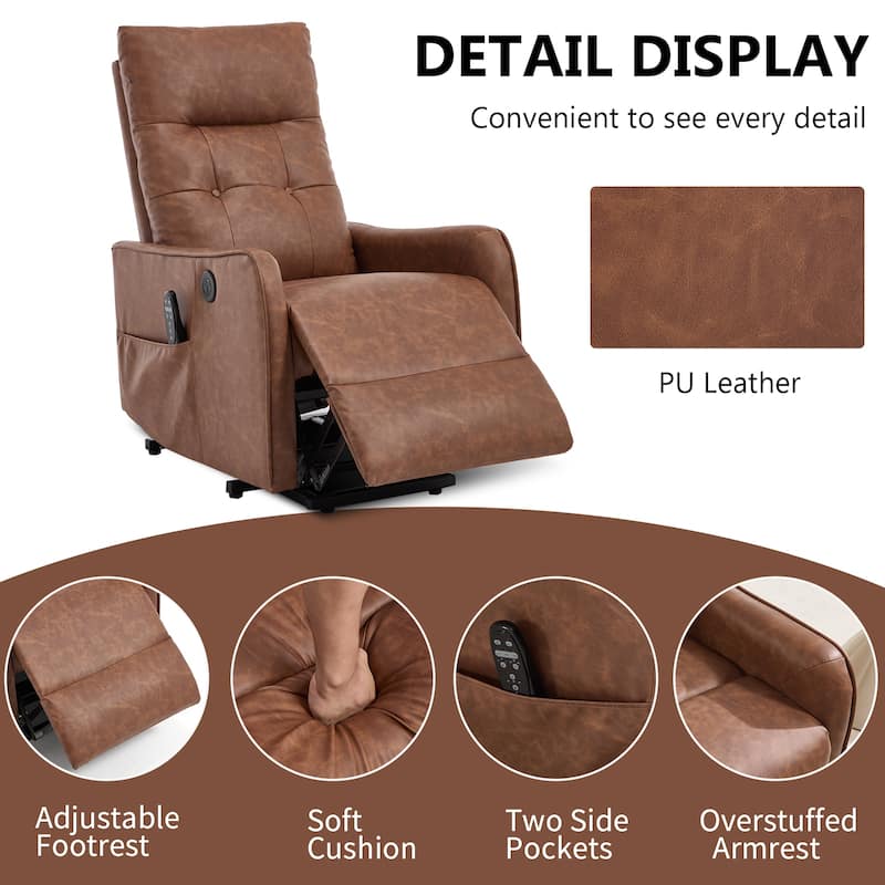 PU Leather Recliner with Single Motor Lift Massage Heat and 155 Degree Recline