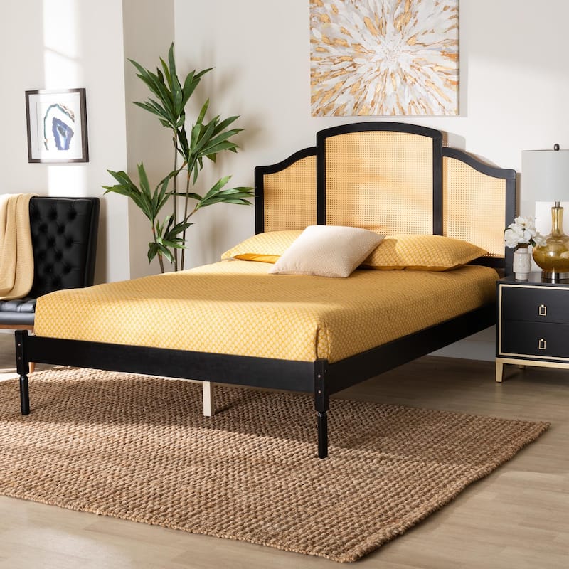 Librina Classic and Traditional Black Finished Wood Queen Size Platform Bed with Woven Rattan