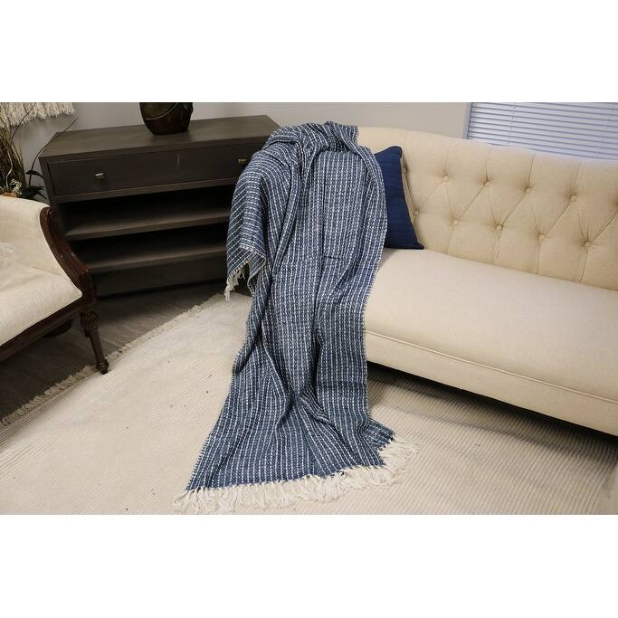 Home&Manor Handcrafted Wool & Cotton Throw Blanket Blue