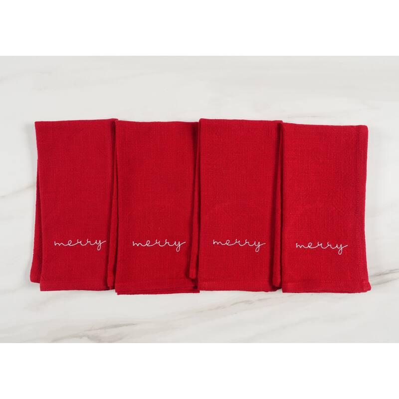 Napkins Holiday Red Embroidered Monaco - Merry (Set of 4) - 20" x 20"