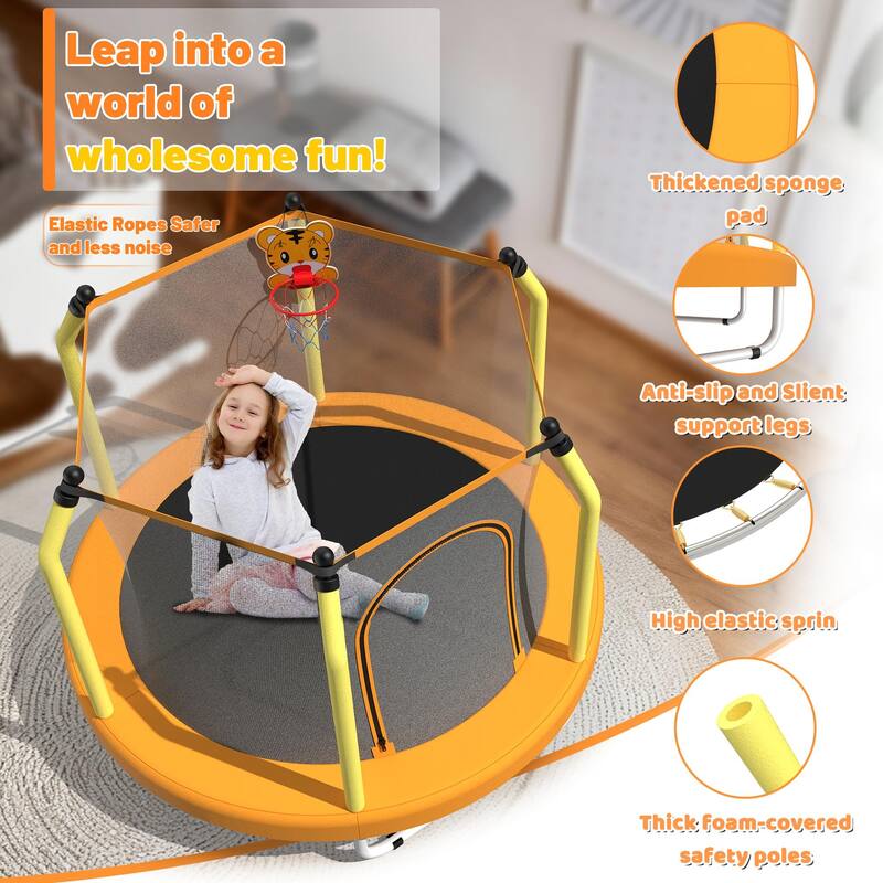 Toddler Trampoline - Basketball Hoop, Indoor Outdoor Use - Yellow - 55