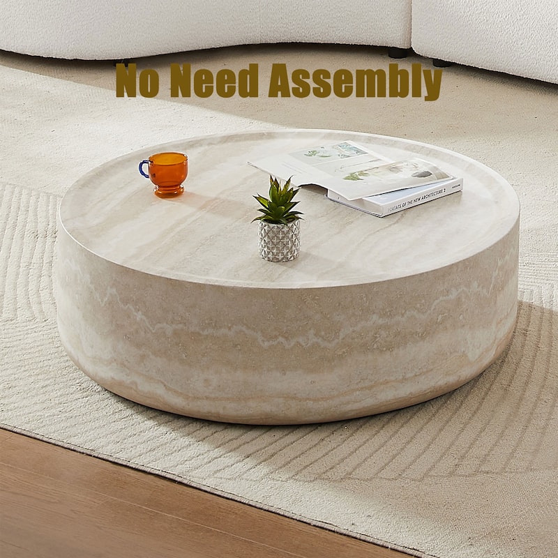 Modern Textured Faux Travertine Round Coffee Table No Need Assembly.