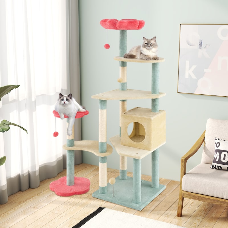 Plush Cat Tree with Sisal Posts, Flower Design and Cozy Condo - 20" L x 20" W x 61" H