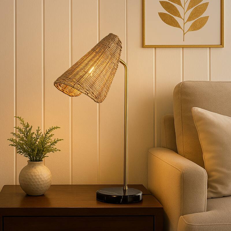 22'' Farmhouse Handwoven Rattan Table Lamp Antique Brass Finish Black Marble Base Rustic Nightstand Lamp For Bedroom Living Room