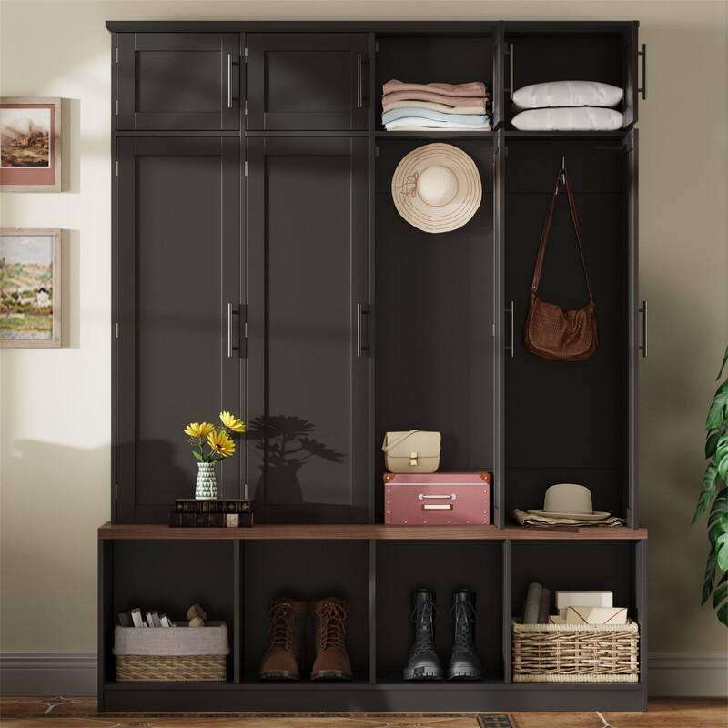 Farmhouse Hall Tree with 4 Hidden Hanging Hooks, Versatile Entryway Bench with 8 Doors, Shoe Cabinet with Open Compartments