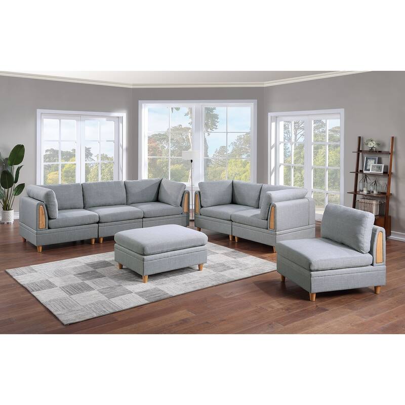 7pc Grey Modular Sofa Set with Wedges, Chairs & Ottoman