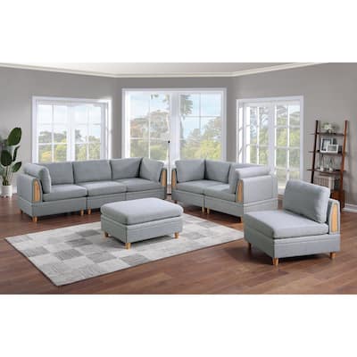 7pc Grey Modular Sofa Set with Wedges, Chairs & Ottoman