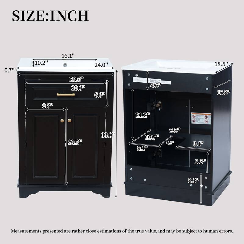 24 Inch Bathroom Vanity with Integrated Ceramic Sink, Freestanding Cabinet with Tip-Out Drawer, Small Space Vanity