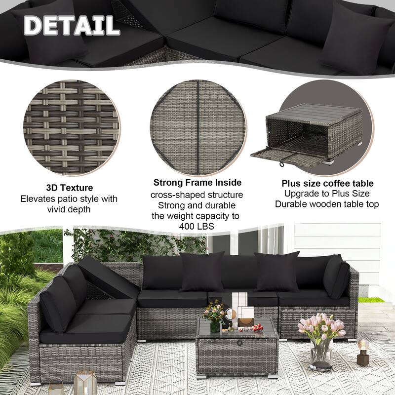 EROMMY 6/7 Piece Modular Outdoor Rattan Sofa Set, All-Weather Wicker Patio Furniture with Storage Table, Cushions & Pillows