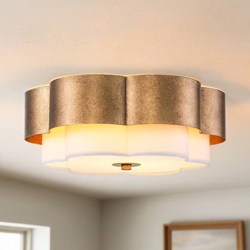 13.8" W Mid-Century Modern Tiered Flower/Circluar Drum Ceiling Light in Distressed Stain Gold with White Fabric Shade - Flower-shape