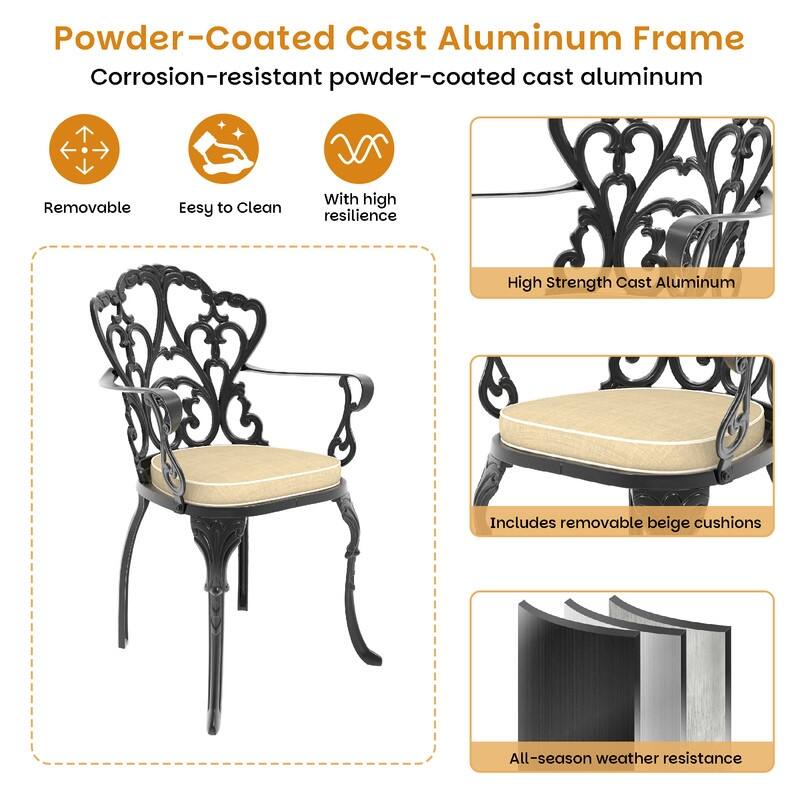 Black Cast Aluminum Patio Outdoor Dining Chairs with Off-White Seat Cushions (Set of 2)