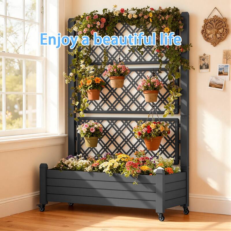 Raised Garden Bed with Trellis for Climbing Plants,Outdoor with Drainage Plug and Gauge DustProof Resin for Garden Backyard