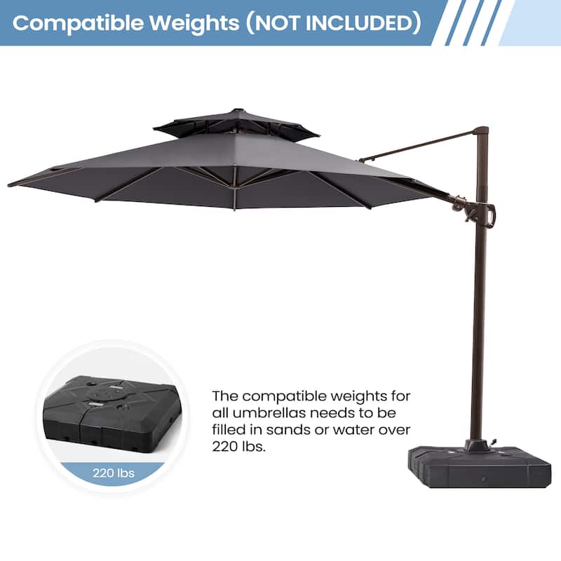 11 ft Outdoor Aluminum Dual Top Solar Powered LED Lighted Patio Cantilever Umbrella and Weighted Base