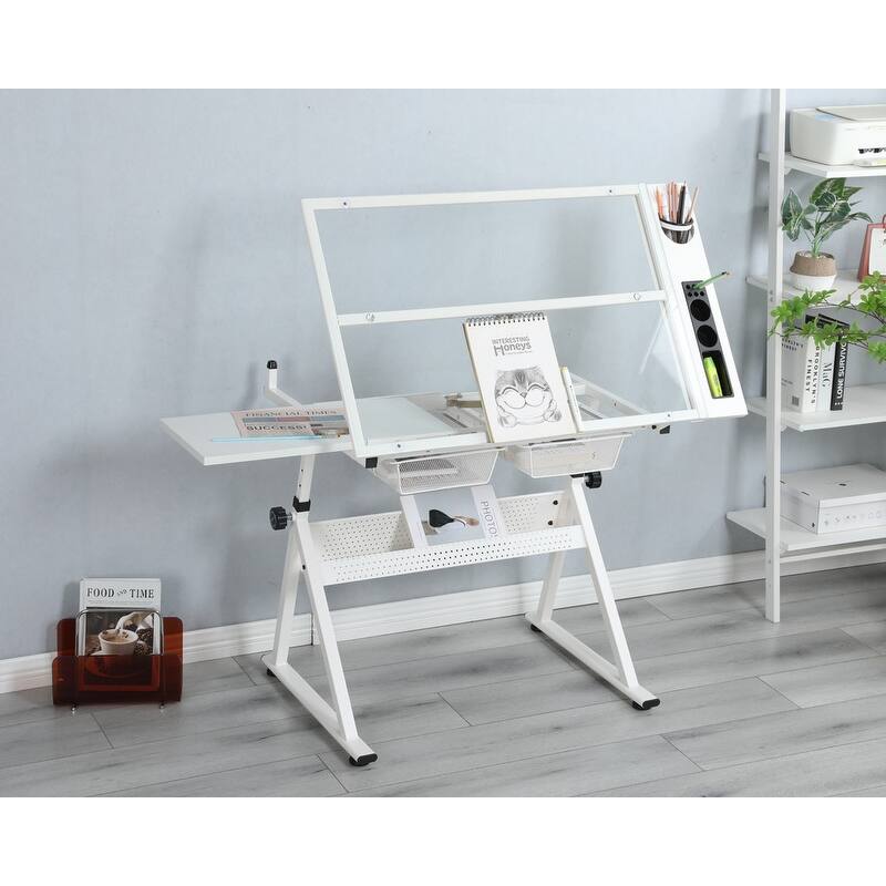 Adjustable Tempered Glass Drafting Printing Table Desk with Chair
