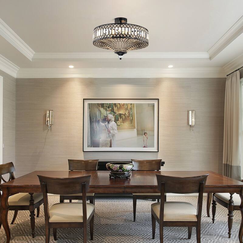 6 Light Matte Black Crystal Semi Flush Mount Ceiling Light Fixture - W19.6" - W19.6" - Black