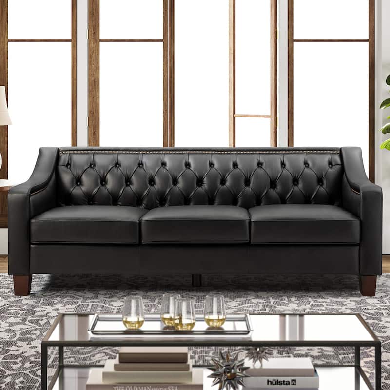 Mateo 82.28" Wide Transitional Genuine Leather Sofa with Nailhead Trim and Button-Tufted Back - Black