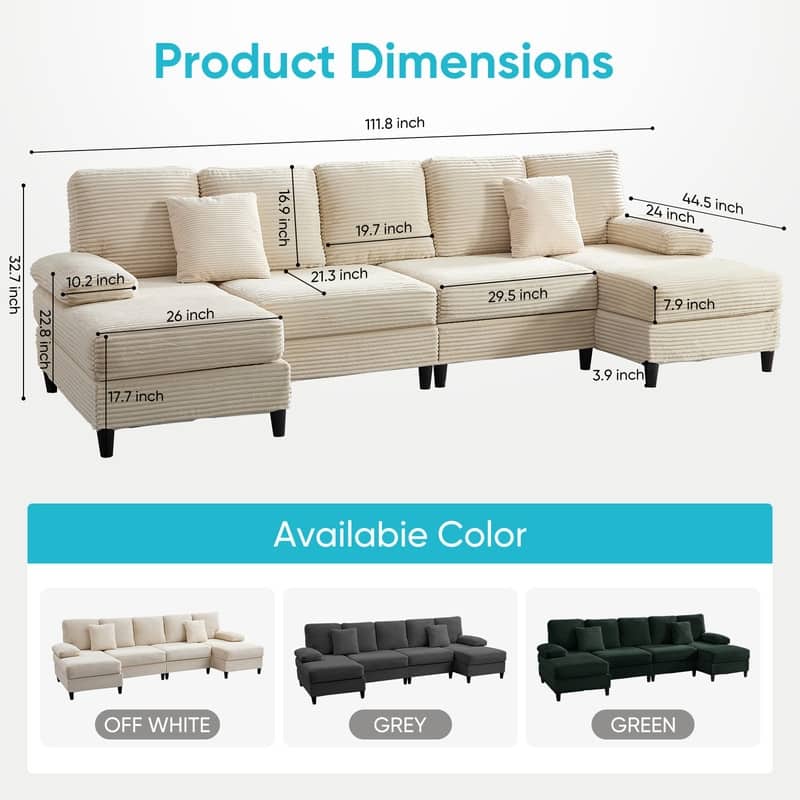 Mixoy W112inch Upholstered 5-Seater Sectional Sofa Couch,Corduroy Large U-Shaped Sofa with Double Chaises and Sleepable Armrests