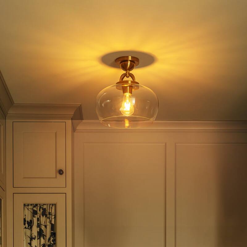 1-Light Modern Metal & Glass Flush Mount with Transparent Open Flat-Ball Shade for Bedroom - 11.8 in. W x 13 in. H