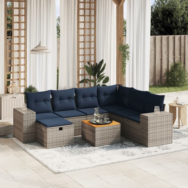 vidaXL Patio Sofa Set with Cushions Outdoor Furniture 8 Piece Poly Rattan - 24.4" x 24.4" x 27.2" - Gray corner + 3x middle + Table + 2x Sofa