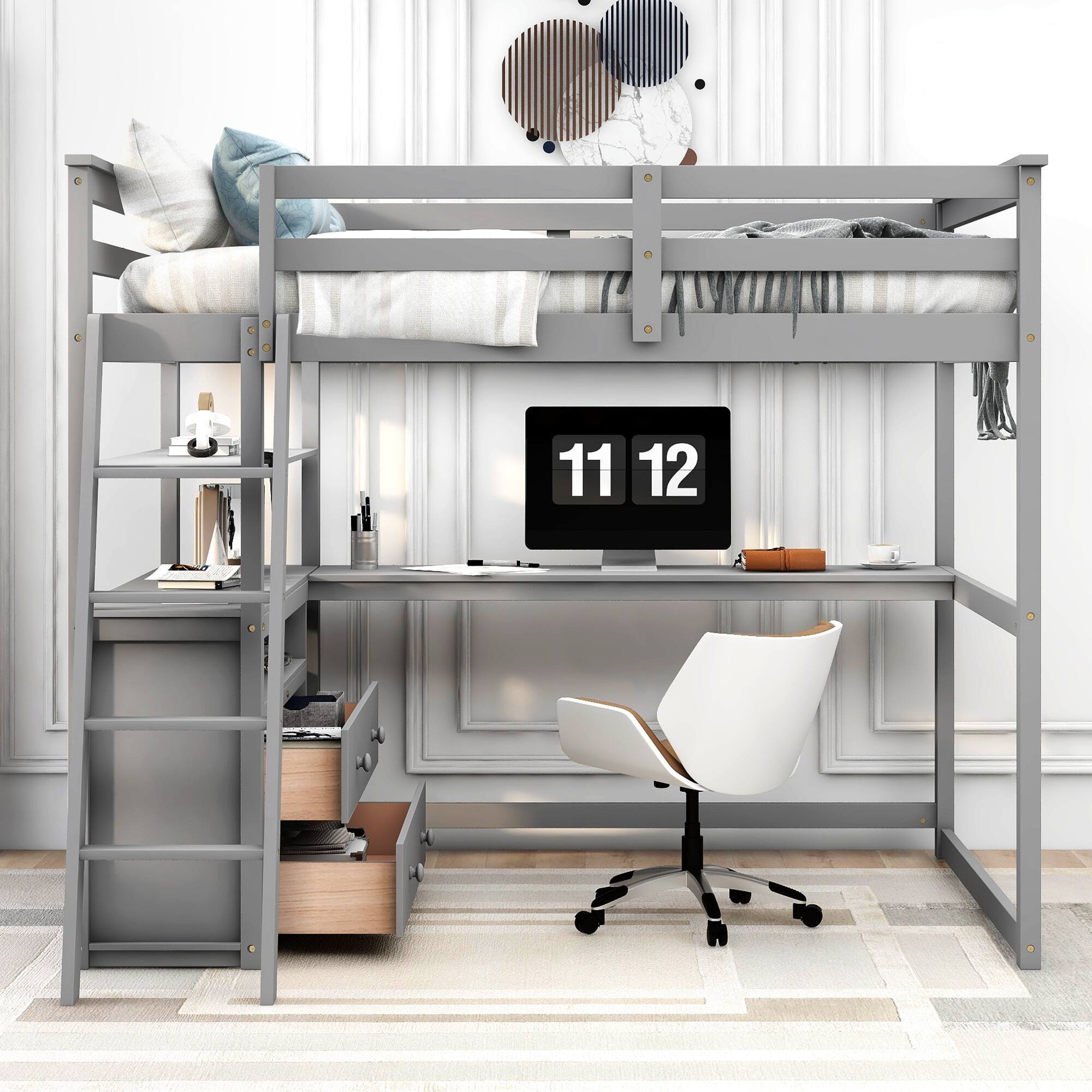 Full Size Loft Bed with Desk and Shelves,Two Builtin Drawers Bed