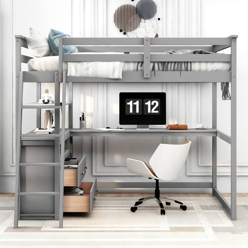 Twin/Full Loft Bed with Desk and Two Drawers, Sturdy Pine Wood Frame with Shelves