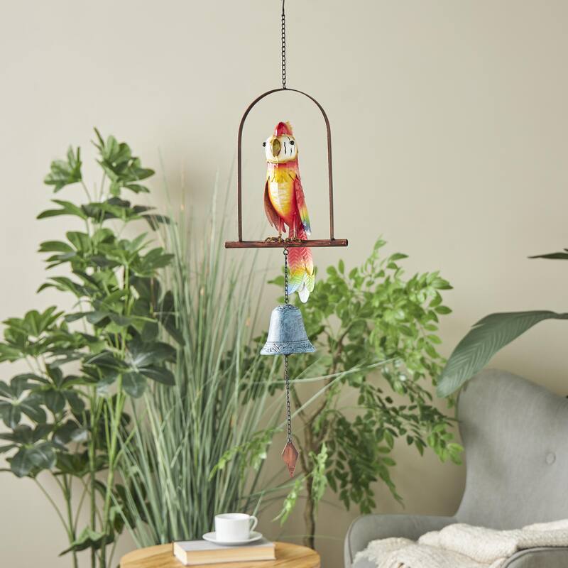 Metal Parrot Handmade Perched Windchime with Hanging Bell - Red - Roche River Decor