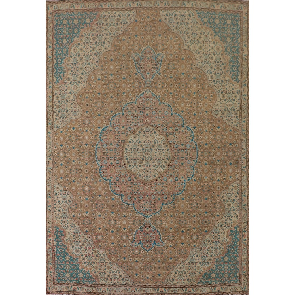 Yellow Floral Tabriz Persian Vintage Rug Hand-Knotted Wool Carpet - 7'11"x 10'10"