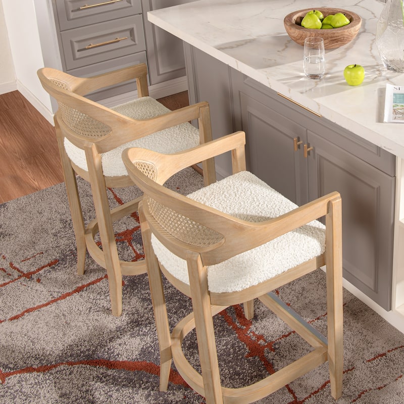 Americana Mid-Century Modern Rattan Cane Back Counter and Bar Stool - Set of 3 - Ivory White Boucle - Counter Height