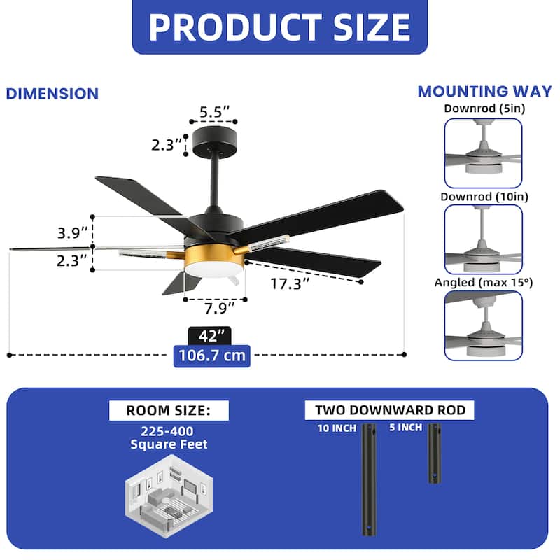 42 Inch Ceiling Fan with Light Remote 3 Crystal Rod and Dimmable Quiet Motor
